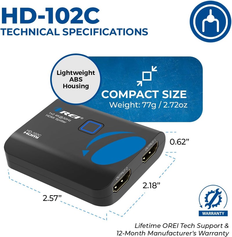 OREI 4K HDMI Splitter 1 in 2 Out - 1X2 HDMI Splitter for Dual Monitors Ultra HD 4K@30Hz with [ 2ft HDMI Cable ], 3D & 1080P Support for Xbox, PS4, Blu-ray, HDT, Will not Extend Display Screen - Image 5